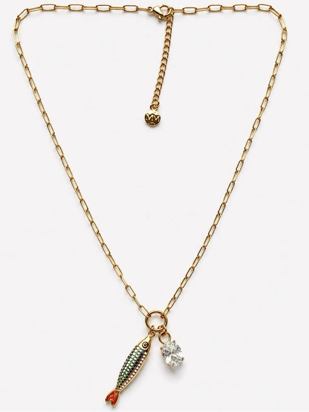 Gold-Tone Fish Charm Necklace with CZ  Pendant NWOT
